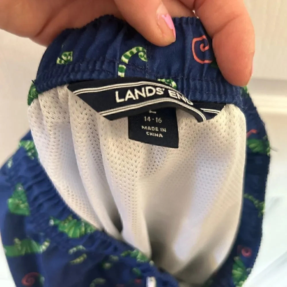 Lands End Swim boys 14-16 swim trunks blue with iguanas EUC with netting liner